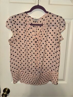 Reese Blush Pink Black Polka Dot Tie Neck Ruffle Sleeve Blouse Size L